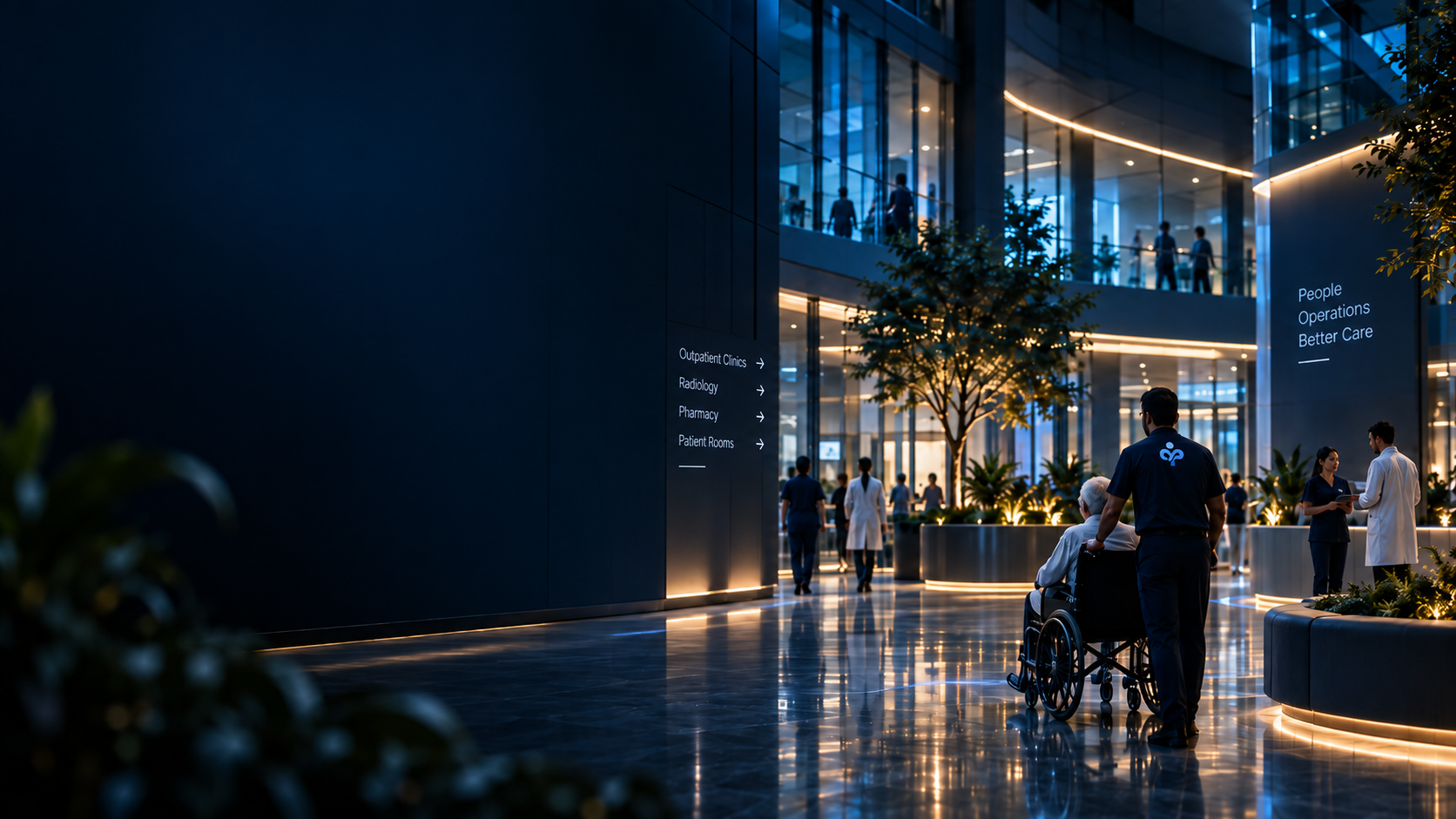 Modern hospital operations lobby with porter assisting patient in wheelchair, showing coordinated hospital support workflows