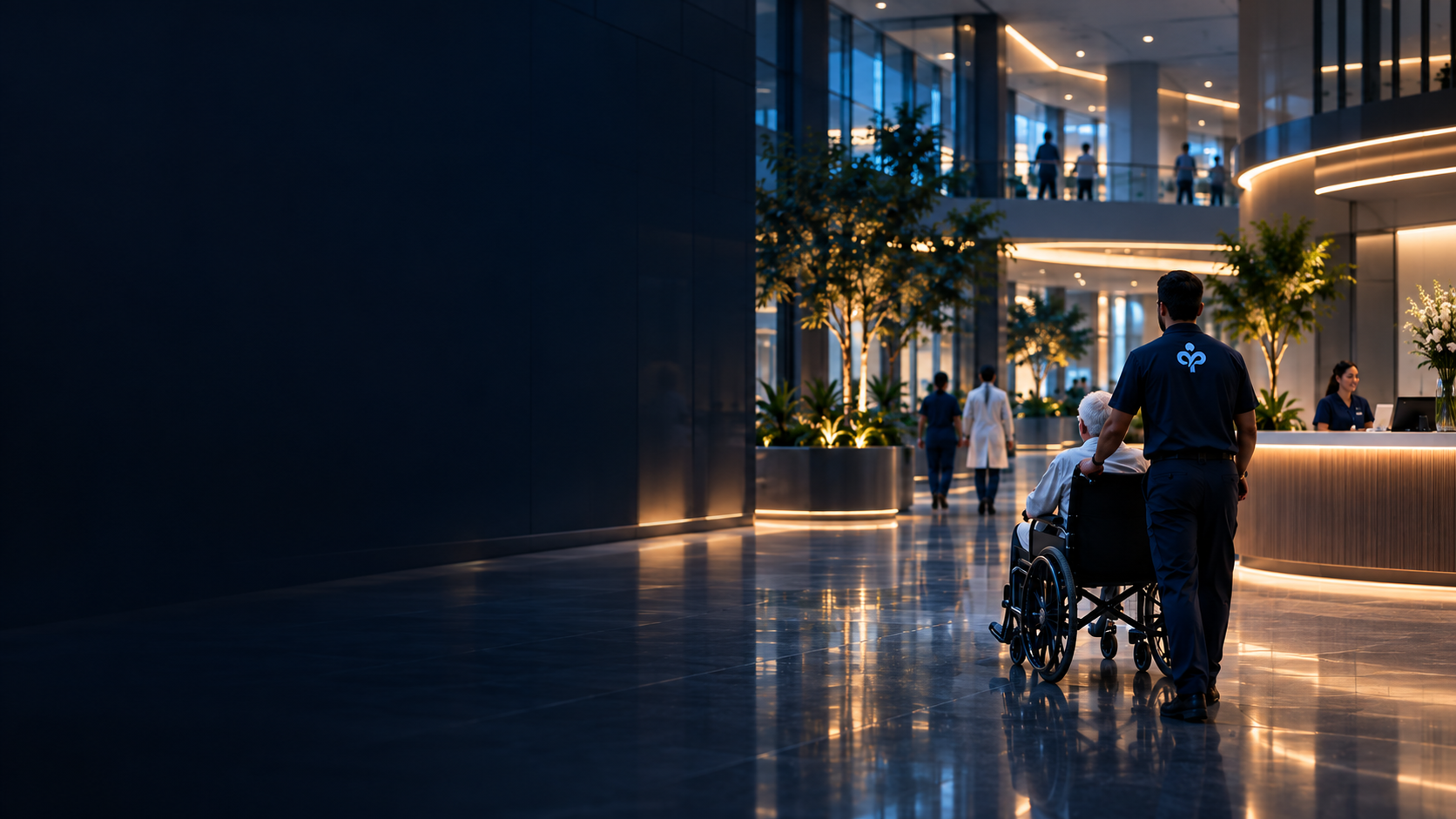 Hospital porter assisting patient in wheelchair through modern hospital lobby